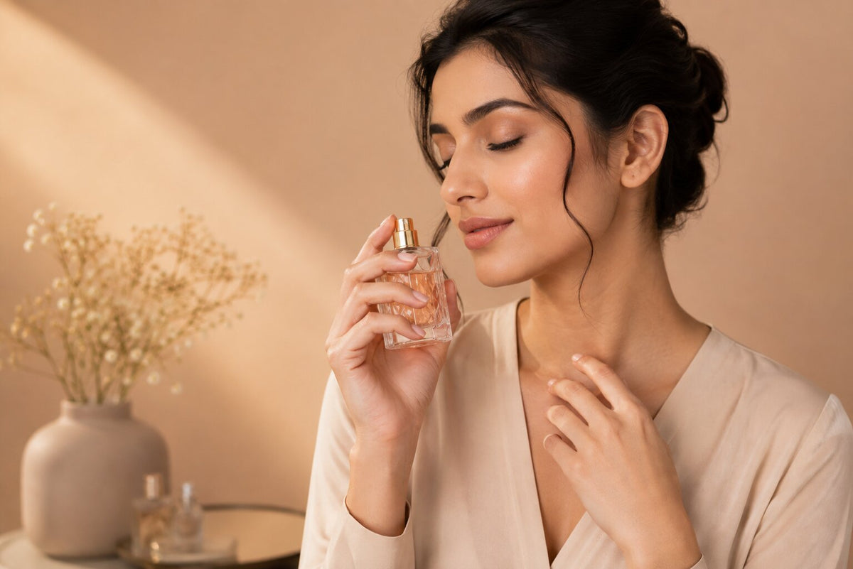 Indian woman holding a perfume bottle with eyes closed.
